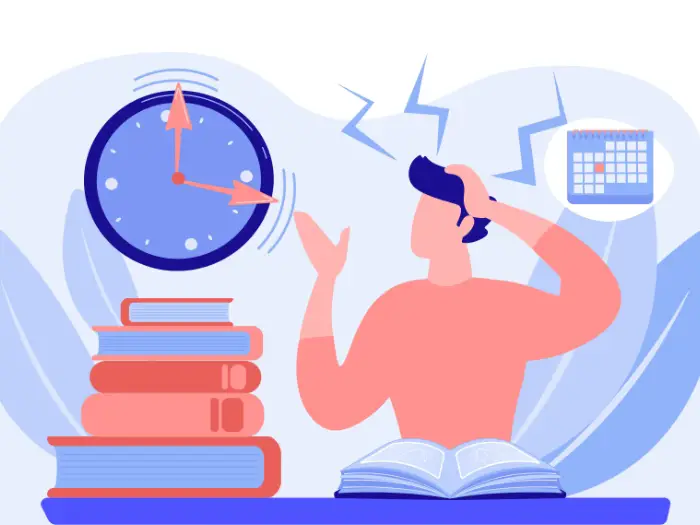Illustration of student studying alone for the SAT and struggling with questions