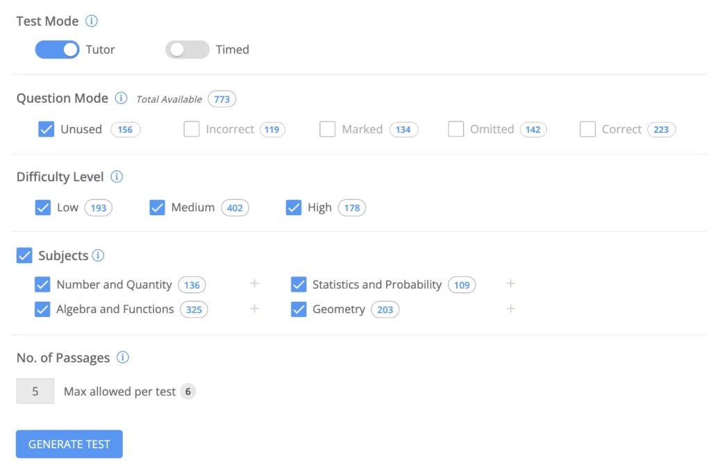 UWorld Product ACT Math Practice Questions Dashboard