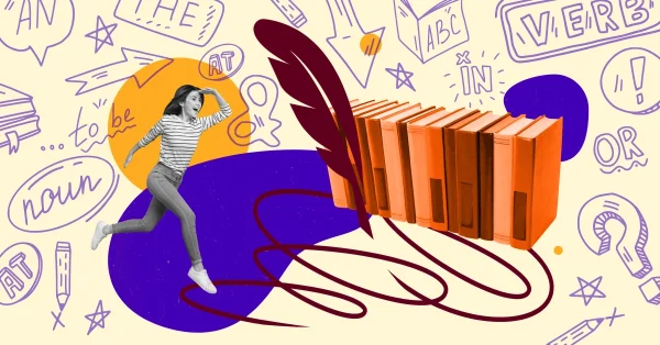 Happy student over a collage of shapes, books, and a writing quill.
